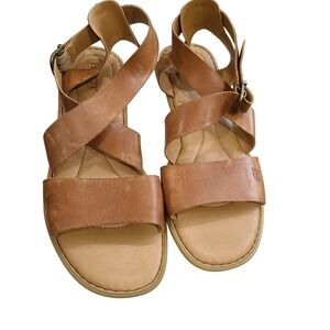 Born Khel Tan Leather Strappy Flat Sandals Womens 11M BR0023406 Brown Buckle